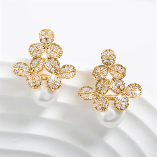Gold Vintage Floral Pearl Drop Earrings
