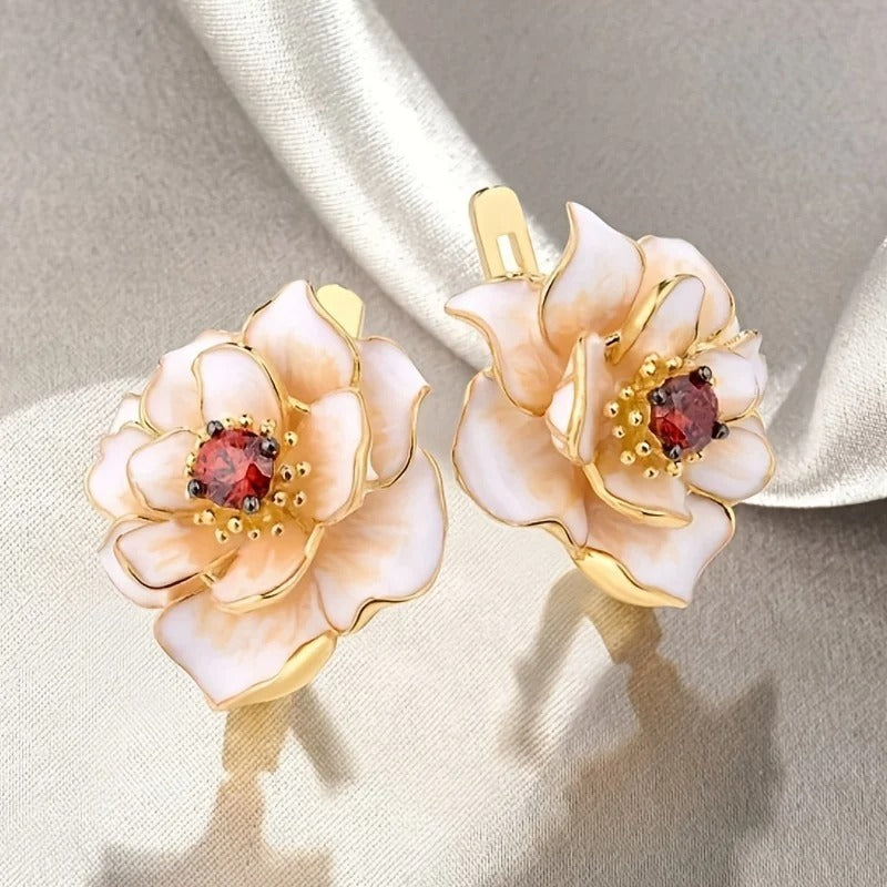 Antique Gold Bloom & Red Crystal Earrings
