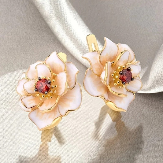 Antique Gold Bloom & Red Crystal Earrings
