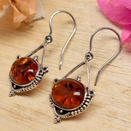 Pendientes bohemios de plata con piedra ámbar
