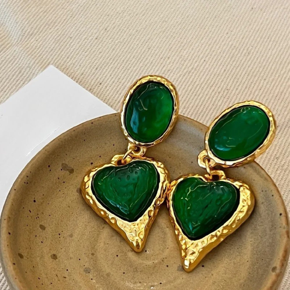 Boucles d'oreilles intemporelles dorées, vertes, en forme de cœur et ovales