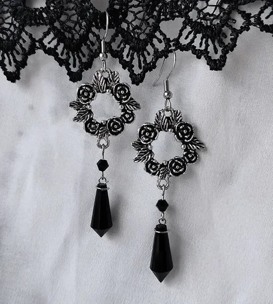 Pendientes colgantes vintage de rosa negra y ónix