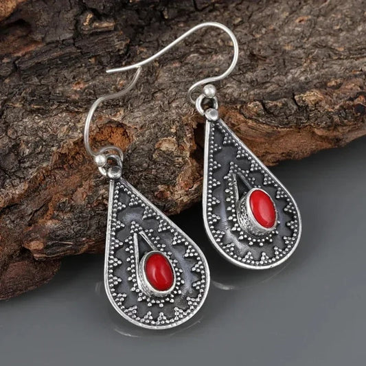 Vintage Silver & Red Gem Dangle Earrings