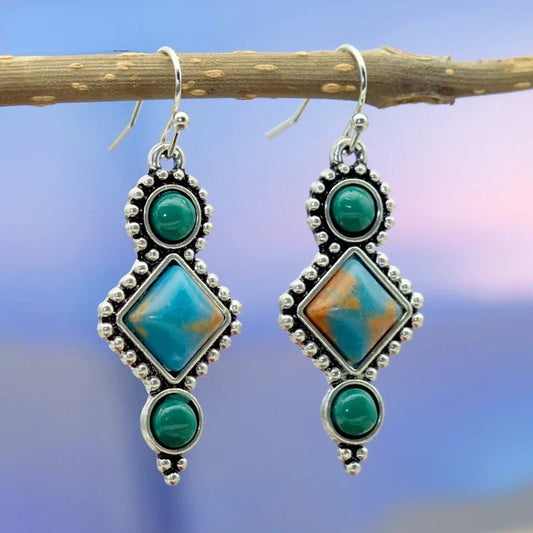 Pendientes colgantes vintage de piedras preciosas azules y verdes
