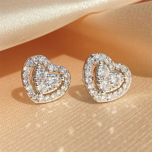 Pendientes vintage de plata con corazón brillante