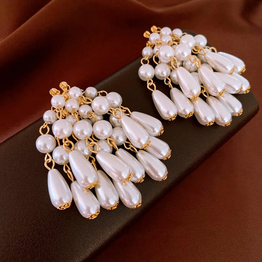 Vintage Large Strand Water Drop Pearl Dangle Earrings