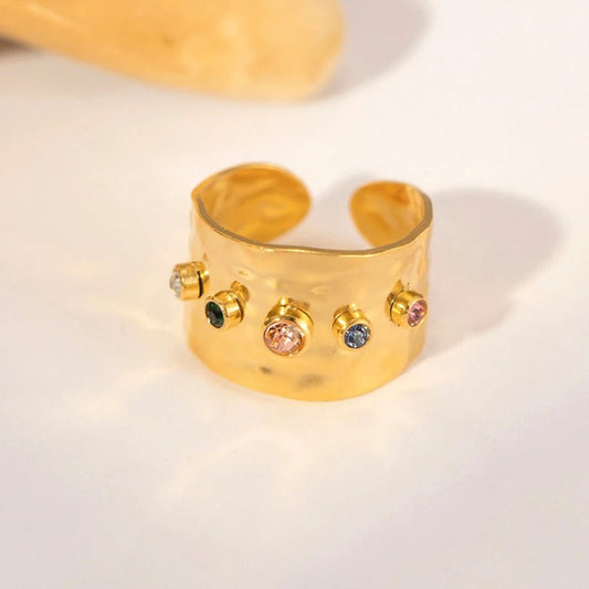 Bague vintage multi-pierres large en or ajustable