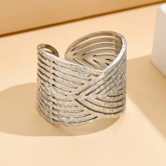 Wide Band Carved Silver Adjustable Ring