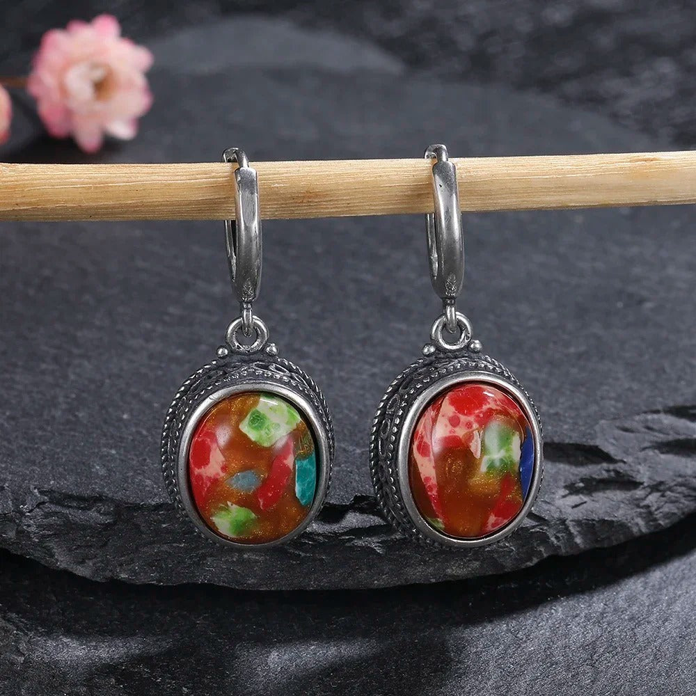 Pendientes ovalados multicolores de plata