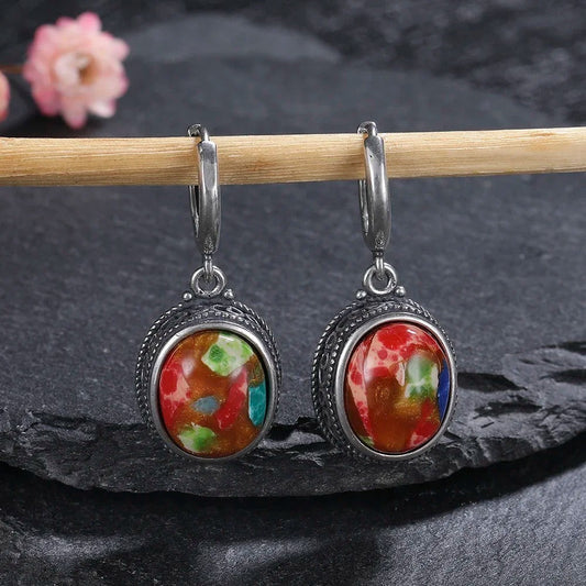 Pendientes ovalados multicolores de plata