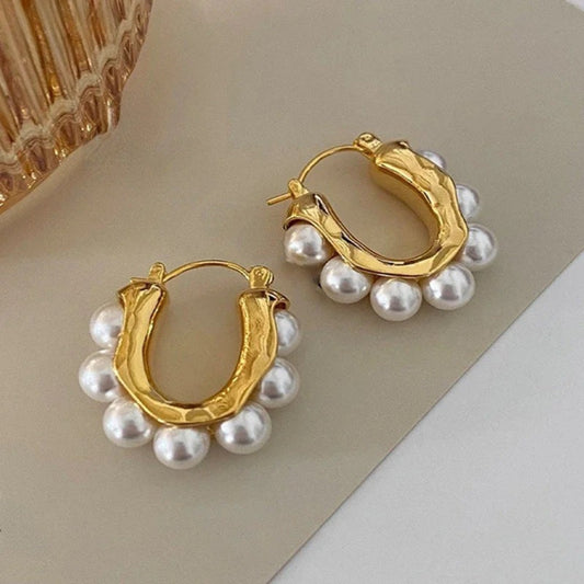 Vintage Pearl Lined Gold Hoop Earrings
