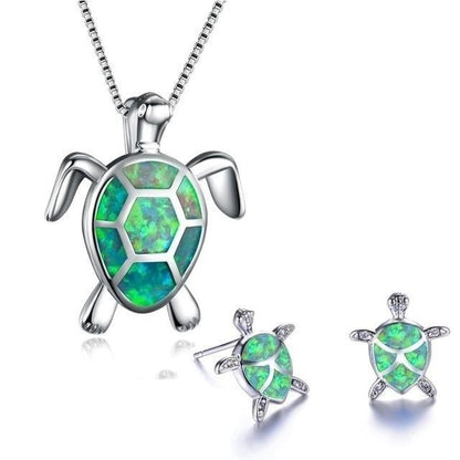 Ensemble collier et boucles d'oreilles tortue marine en opale et argent 