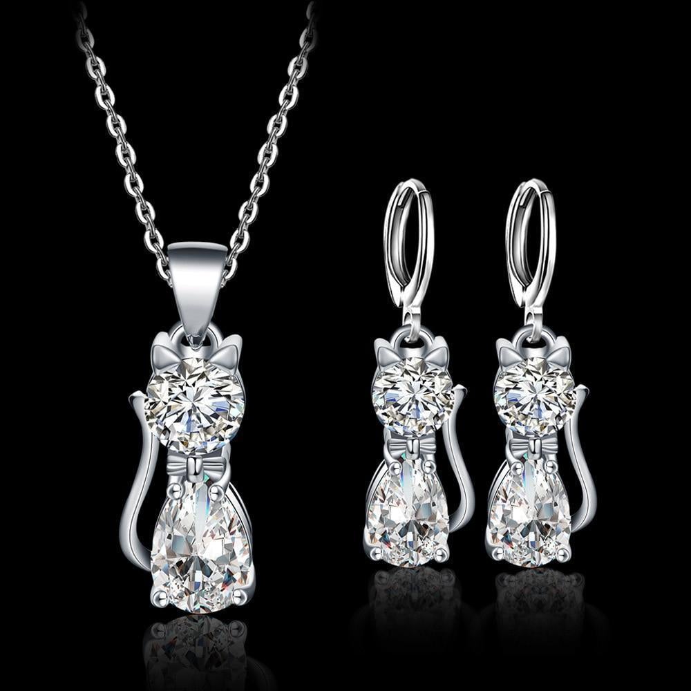 Ensemble collier et boucles d'oreilles Chats joyeux en argent sterling et zirconium blanc poli 